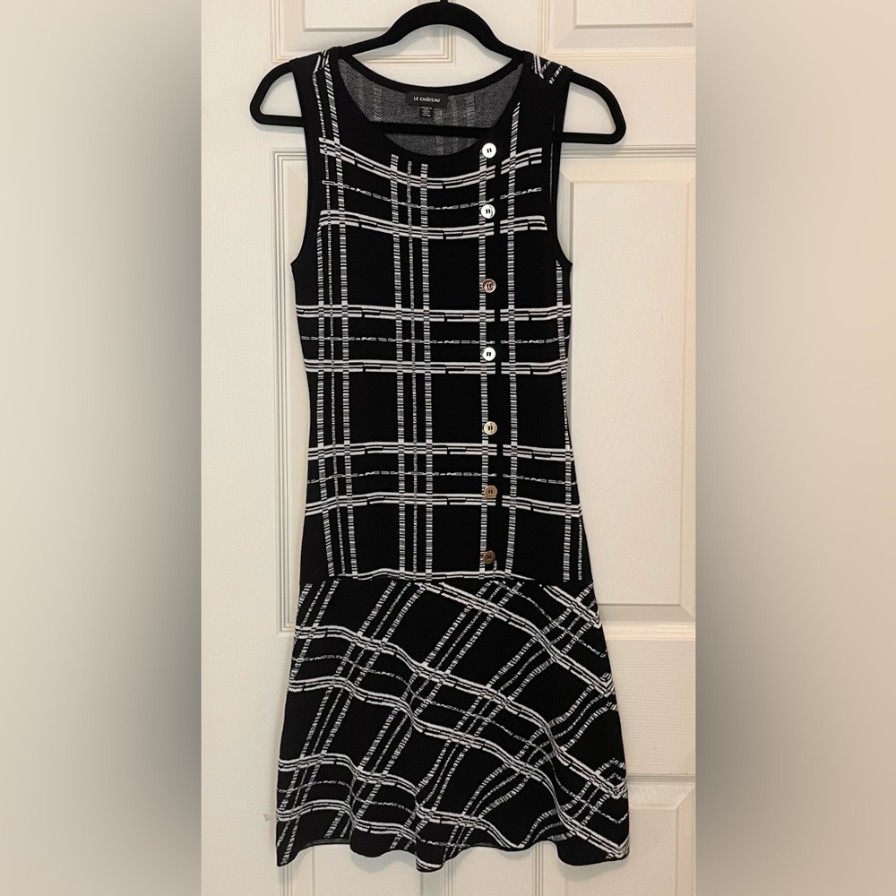 Le Chateau Fit & Flare Dress. Soft Stretch Plaid Knit & Gold Button detailing